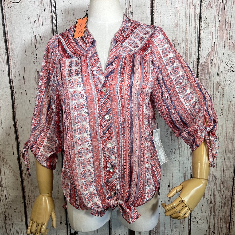NWT NEW Olive Hill Sheer Boho Floral Button Down Tie Front Blouse Top Size Large